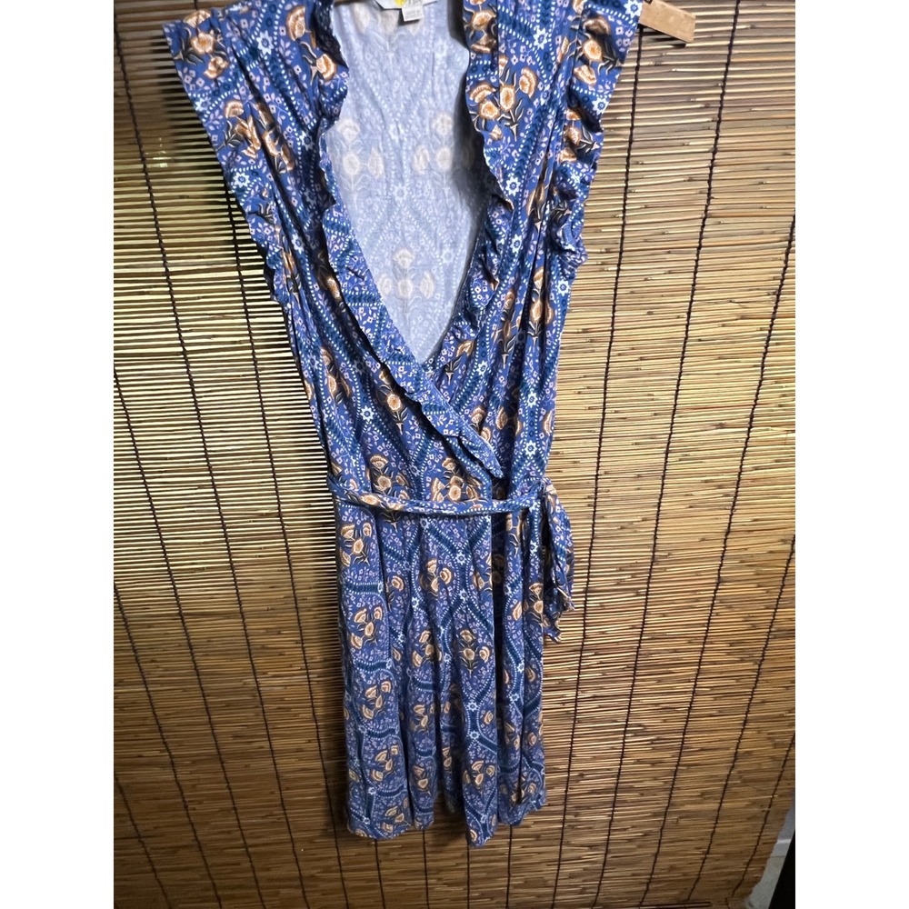 Boden Blue Floral Ruffle Wrap Dress Sleeveless Jersey Pockets Blue Orange US 10